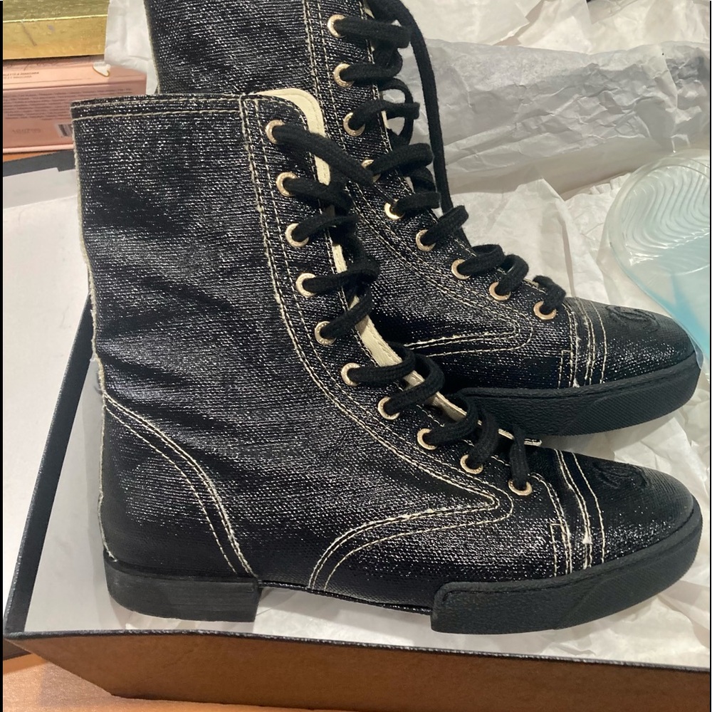 CHANEL Coated Canvas Lace Up Combat Boots 37 Black - Picture 2 of 15